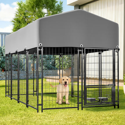 Heavy Duty Outdoor Dog Kennel with Rotating Feeder – 7.8ft Welded Wire Enclosure with UV-Resistant Waterproof Roof – Secure Double-Lock Pet House