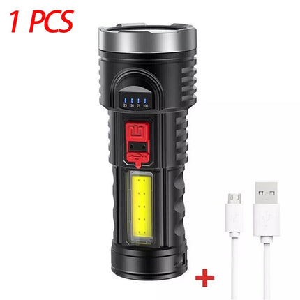 Ultra-Bright Rechargeable LED Flashlight – 4 Lighting Modes with COB Side Light – Portable USB Tactical Torch for Camping, Hiking & Emergency