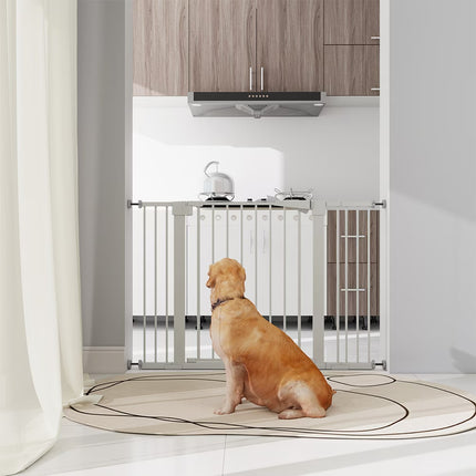 Extra Tall Child Safety Gate – White Pressure Mounted Baby Gate with Extensions – Auto-Close Walk-Thru Door for Stairs and Doorways