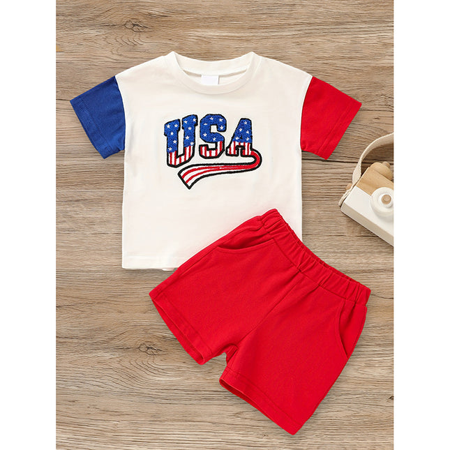 Baby Boy 4th of July USA Outfit Set – Patriot Color Block T-Shirt & Shorts – Toddler Independence Day Celebration Clothes