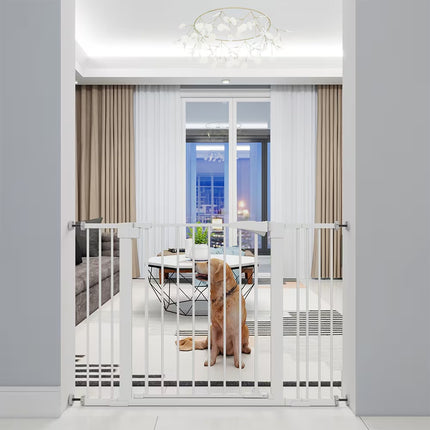 Extra Tall Child Safety Gate – White Pressure Mounted Baby Gate with Extensions – Auto-Close Walk-Thru Door for Stairs and Doorways
