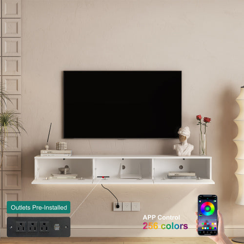 Modern Floating TV Stand with 16-Color LED Lights – Wall Mounted Entertainment Center for TVs up to 65" – High Gloss White Media Console