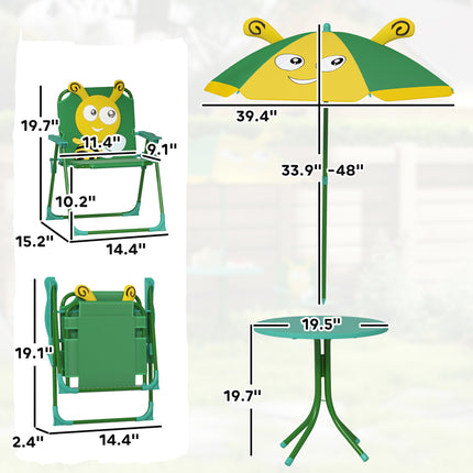 Kids Picnic Table & Chair Set with Adjustable Umbrella – Portable Outdoor Activity Table – 4-Piece Set for Garden, Beach & Camping (Green)