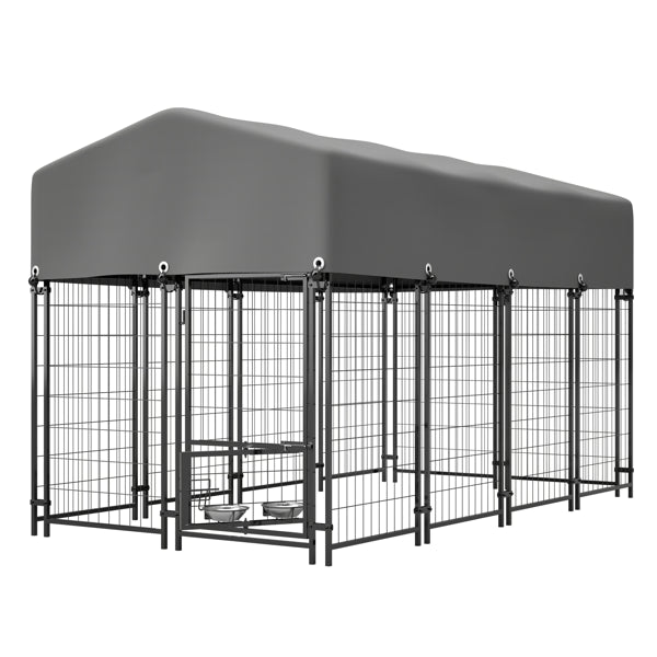 Heavy Duty Outdoor Dog Kennel with Rotating Feeder – 7.8ft Welded Wire Enclosure with UV-Resistant Waterproof Roof – Secure Double-Lock Pet House