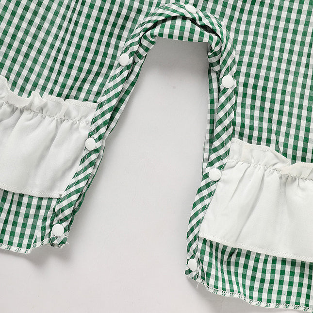 St. Patrick’s Day Baby Girl Romper – Green Plaid & Four-Leaf Clover Print Bodysuit – Long Sleeve Lucky Charm Outfit