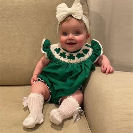 Baby Girl St. Patrick’s Day Smocked Romper – Four-Leaf Clover Embroidery Playsuit – Ruffle Trim Summer One-Piece