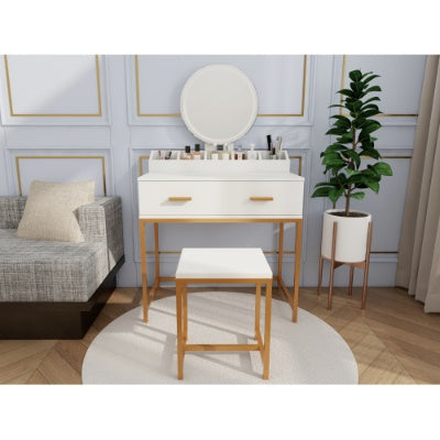 Aurora™ White & Gold Vanity Set – Compact Makeup Table with Mirror & Cushioned Stool