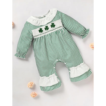 St. Patrick’s Day Baby Girl Romper – Green Plaid & Four-Leaf Clover Print Bodysuit – Long Sleeve Lucky Charm Outfit