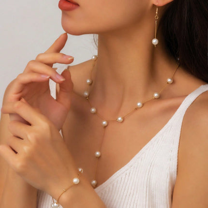 4-Piece Faux Pearl Jewelry Set – Elegant Necklace, Bracelet & Earrings for Weddings, Parties & Special Occasions