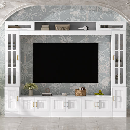 Minimalist White 98" Home Theater Wall Unit – High-Gloss Feel Media Center – Large Storage TV Unit with Tempered Glass & Customizable Shelving