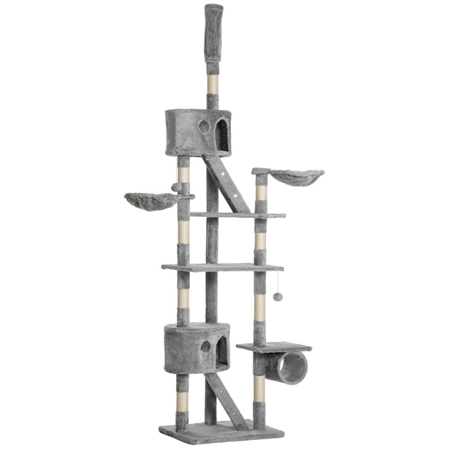 Floor-to-Ceiling Cat Tree Tower – 94.5" to 110.25" Height Adjustable Cat Climbing Post – Space-Saving Multi-Level Condo with Hammock & Scratching Posts