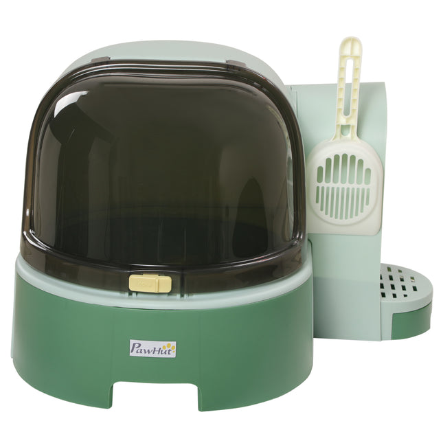 High-Sided Open Cat Litter Box – Anti-Splashing Kitty Litter Pan with Scoop – Easy-to-Clean Modern Pet Washroom (Green)