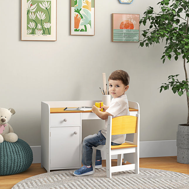 Kids' Study Desk and Chair Set with Built-in Bookshelf – Children's Writing Table with Storage Drawers – Ergonomic Student Workstation, White