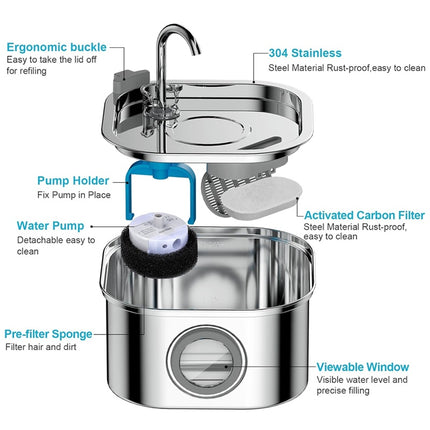 3.2L Stainless Steel Cat Water Fountain – 108oz Automatic Dog Water Dispenser with Water Level Window – Ultra-Quiet Filtered Drinking Fountain