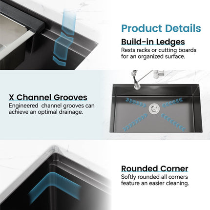 30-Inch Black Stainless Steel Workstation Sink – Handmade Undermount Single Bowl Kitchen Sink with Cutting Board & Colander