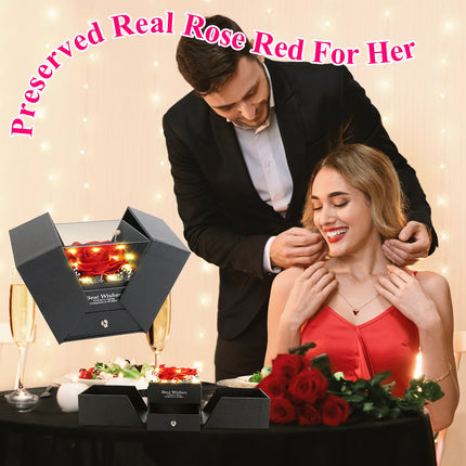 Preserved Real Red Rose with Heart Necklace – Eternal Flower Jewelry Box – Romantic Gift for Wife, Girlfriend, Mom on Anniversary & Valentine’s Day
