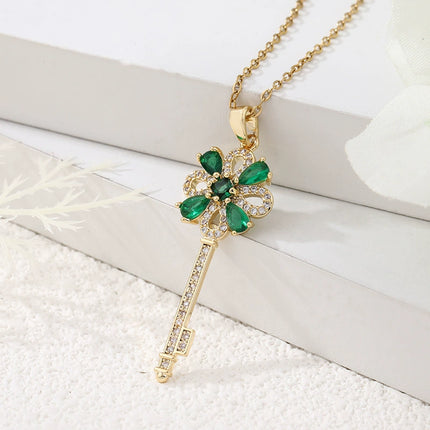 Women's Retro Key Flower Pendant Necklace with Green Accents