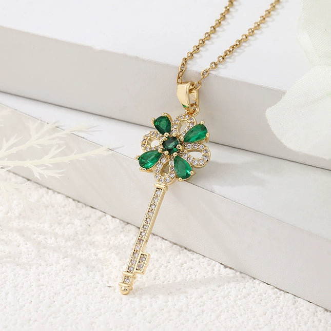 Women's Retro Key Flower Pendant Necklace with Green Accents