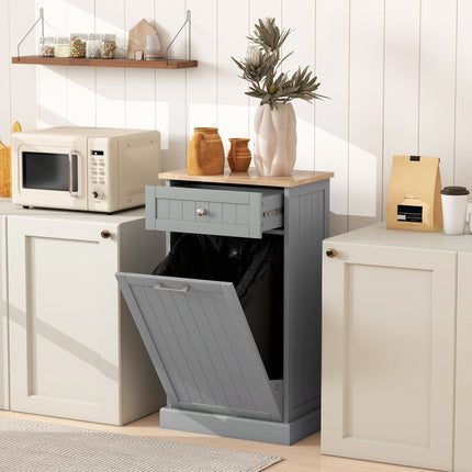 Modern Gray Tilt-Out Trash Can Cabinet – 10 Gallon Hidden Garbage Holder with Drawer – Stylish Wooden Kitchen Waste Bin Cupboard in Grey