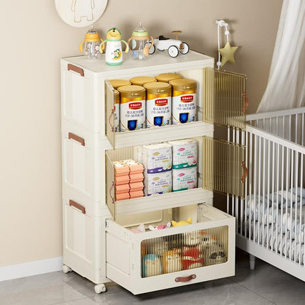 Multi-Layer Baby Storage Cabinet with Wheels – Transparent Easy-Open Lids – Mobile Nursery Organizer for Diapers, Toys & Clothes