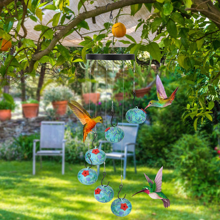 2-in-1 Wind Chime Hummingbird Feeder – Hanging Outdoor Bird Feeder with Bee and Ant Guard – Decorative Garden & Patio Art