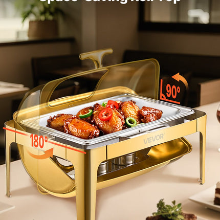 Luxury 9QT Gold-Accented Chafing Dish Set – Stainless Steel Roll Top Buffet Server with Full Size Pan