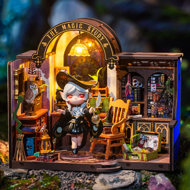 Robotime ROKR DIY Miniature House Kit – "Magic Study" Library – 3D Wooden Puzzle Room Kit with LED Lights – Creative Hobby Gift for Adults