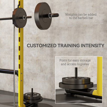 Pro-Series Adjustable Half Squat Rack – Yellow/Black Heavy-Duty Power Stand with Pull-Up Bar – Multi-Function Bench Press Station