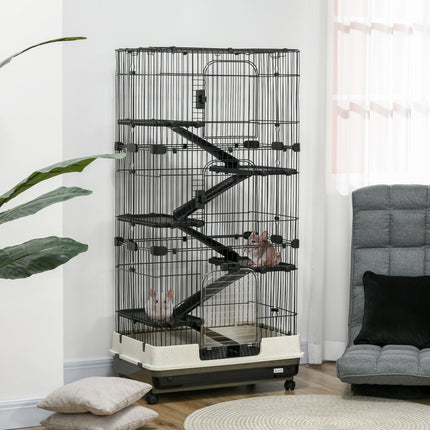 32" 6-Tier Large Small Animal Cage – Rolling Rabbit Hutch & Ferret Habitat – 6-Level Pet Mansion with Slide-Out Tray & Ramps