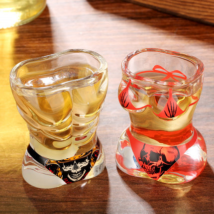 Creative 3D Body Shape Shot Glasses – 2pcs Set: Black Muscle Man & Red Bikini Skull Style – Unique Barware Gift for Parties & Halloween