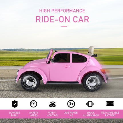 Licensed Volkswagen Beetle 12V Kids Electric Ride-On Car – Retro Style with Parental Remote Control & Extra Wide Safety Tires – Pink