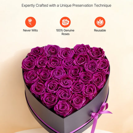 Forever Flowers Heart Box – 27 Real Preserved Purple Roses – Eternal Immortal Bouquet – Luxury Anniversary & Valentine’s Day Gift for Wife or Girlfriend