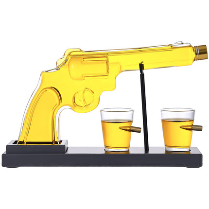 Luxury Whiskey Gun Decanter Set with Mahogany Wooden Stand – 2 Bullet Embedded Glasses – Unique Pistol Liquor Dispenser Gift for Dad, Husband & Men