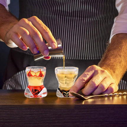Creative 3D Body Shape Shot Glasses – 2pcs Set: Black Muscle Man & Red Bikini Skull Style – Unique Barware Gift for Parties & Halloween