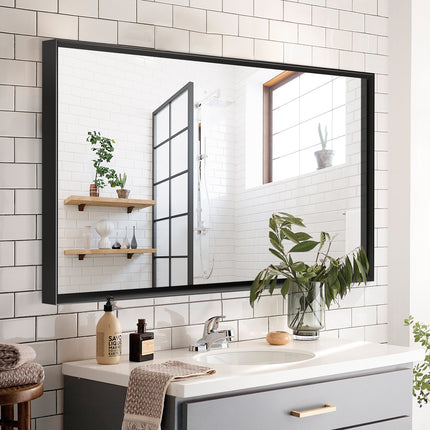40" x 30" Glossy Black Bathroom Wall Mirror – Large Rectangular Vanity Mirror with Aluminum Frame – Modern Decorative Mirror for Home & Hotel