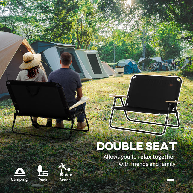 Double Folding Camping Chair – Portable 2-Person Loveseat – Outdoor Couch with Wood Armrests & Cup Holders – Black