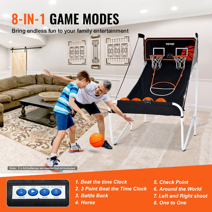 Foldable Dual Shot Basketball Arcade Game – 2-Player Indoor Hoop Set with 5 Balls & 8 Game Modes – Electronic Scoreboard for Kids & Adults