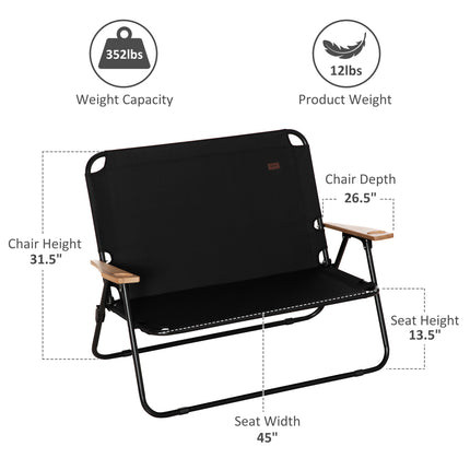Double Folding Camping Chair – Portable 2-Person Loveseat – Outdoor Couch with Wood Armrests & Cup Holders – Black