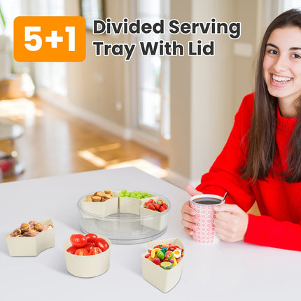 2-Pack Clear Divided Serving Tray for Parties & Picnics – Rotatable Snack Organizer with Removable Dividers – Portable Fruit & Nut Platter