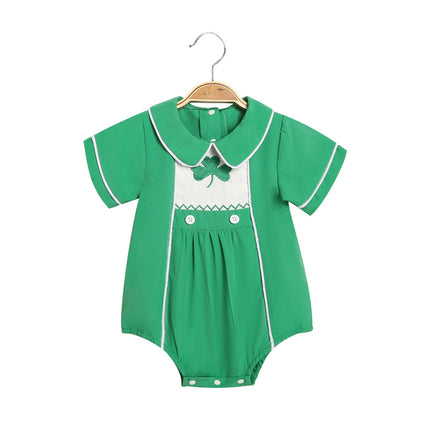 Baby Boy St. Patrick's Day Polo Romper – Green Lapel Short Sleeve Clover Print Playsuit – Lucky Charm Button-Down Bodysuit