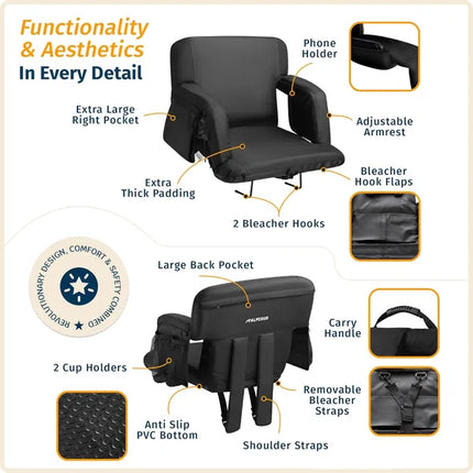Extra Wide Reclining Stadium Seat with Back Support – 25-Inch Padded Bleacher Chair for Sports Games and Outdoor Events