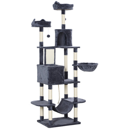 81" Giant Cat Tree Tower – Multi-Level Cat Condo with Scratching Posts & Board – Luxury Cat Furniture with Hammocks, Beds, and Toy Balls (Grey)