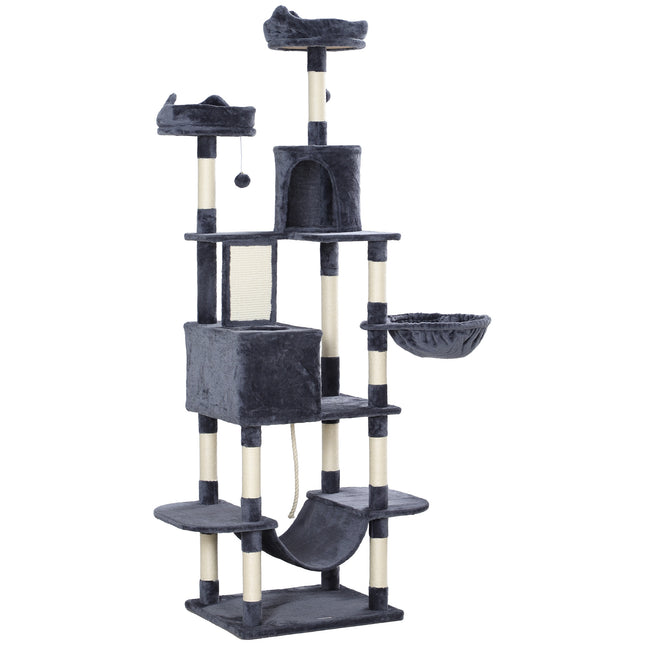 81" Giant Cat Tree Tower – Multi-Level Cat Condo with Scratching Posts & Board – Luxury Cat Furniture with Hammocks, Beds, and Toy Balls (Grey)