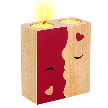 Kissing Couple Wooden Candle Holder Set – 2Pcs Romantic Anniversary Gift for Her/Him – Interlocking Heart-Silhouette Tea Light Holder for Home Decor