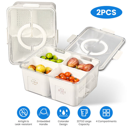 2-Pack Airtight Fruit Storage Containers – 4-Compartment Fridge Organizer with 8 Removable Colanders – BPA-Free Produce Saver