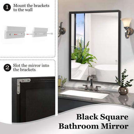 40" x 30" Glossy Black Bathroom Wall Mirror – Large Rectangular Vanity Mirror with Aluminum Frame – Modern Decorative Mirror for Home & Hotel