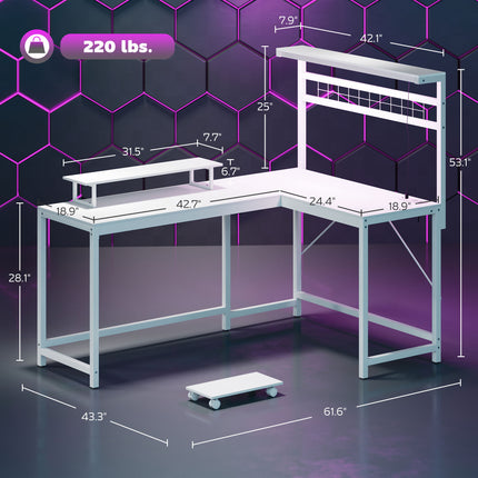 61.6" L-Shaped Gaming Desk with LED Lights & Power Outlets – White Computer Desk with Monitor Stand, CPU Shelf & Headphone Hook – Corner Workstation for Home Office & Gaming