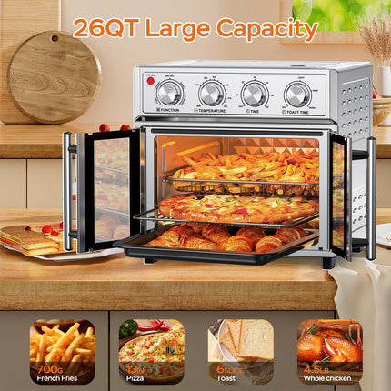 XXL 28L French Door Air Fryer Oven – Silver Stainless Steel Finish – 1700W High Power – Fits 12" Pizza & Whole Chicken