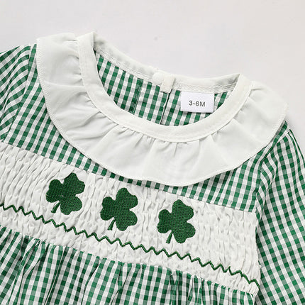 St. Patrick’s Day Baby Girl Romper – Green Plaid & Four-Leaf Clover Print Bodysuit – Long Sleeve Lucky Charm Outfit