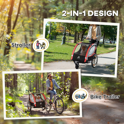2-in-1 Double Baby Bike Trailer & Stroller – High-Visibility 2-Seater Child Wagon – Weather-Resistant Bicycle Trailer for Toddlers – Red